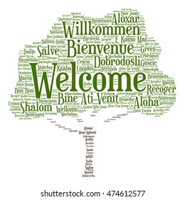 Vector concept abstract tree  welcome or greeting international word cloud in different languages or multilingual isolated metaphor to world, foreign, worldwide, travel, translate, vacation or tourism