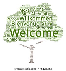 Vector concept abstract tree  welcome or greeting international word cloud in different languages or multilingual isolated metaphor to world, foreign, worldwide, travel, translate, vacation or tourism