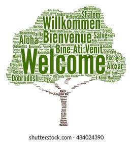 Vector concept abstract tree  welcome or greeting international word cloud in different languages or multilingual isolated metaphor to world, foreign, worldwide, travel, translate, vacation or tourism