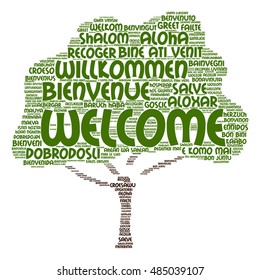 Vector concept abstract tree  welcome or greeting international word cloud in different languages or multilingual isolated metaphor to world, foreign, worldwide, travel, translate, vacation or tourism