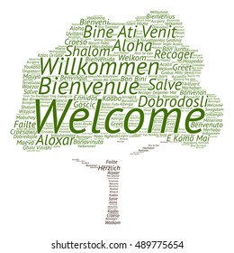 Vector concept abstract tree  welcome or greeting international word cloud in different languages or multilingual isolated  metaphor to world, foreign, worldwide, travel, translate, vacation tourism