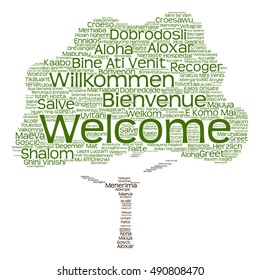 Vector concept abstract tree  welcome or greeting international word cloud in different languages or multilingual isolated metaphor to world, foreign, worldwide, travel, translate, vacation or tourism