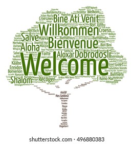 Vector concept abstract tree  welcome or greeting international word cloud in different languages or multilingual isolated metaphor to world, foreign, worldwide, travel, translate, vacation or tourism