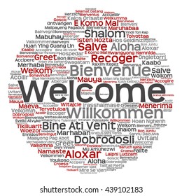 Vector concept abstract welcome or greeting international round word cloud in different languages or multilingual, metaphor to world, foreign, worldwide, travel, translate, vacation or tourism