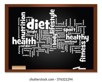 Vector concept abstract word cloud on blackboard and chalk background  metaphor to health, nutrition, diet, wellness, body, energy, medical, fitness, medical, gym, medicine, sport, heart science