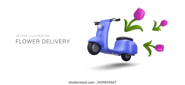 Vector concept for advertising flower delivery. 3D scooter speeding forward