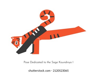Vector concept with animal learning yoga practice - Eka Pada Koundinyasana 2. Asian tiger does Pose Dedicated to the Sage Koundinya II. Flat illustration of fitness balancing exercise