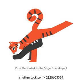 Vector concept with animal learning yoga practice - Eka Pada Koundinyasana 1. Siberian tiger does Pose Dedicated to the Sage Koundinya I. Flat illustration of fitness balancing exercise