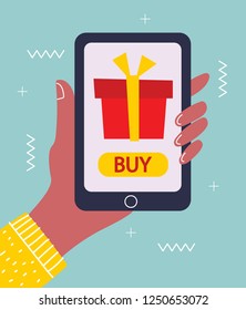 Vector concept of app shopping.Hand holds tablet with buy option, shop online store on the smartphone