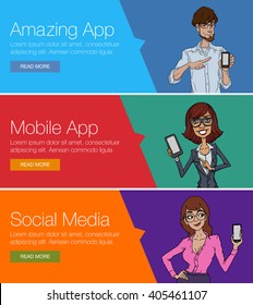 Vector concept for app template - mobile app, smartphone, social media, mobile phone. Banner or header of vector mobile cell app. Ads banner presentation for Hackathon. Cartoon character with mobile 