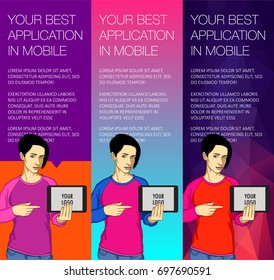 Vector concept for app template - mobile app, smartphone, social media, mobile phone. Banner or header of vector mobile tablet app. Ads banner presentation for Hackathon. Cartoon character with mobile