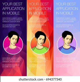 Vector concept for app template - app, smartphone, social media, mobile phone.  Ads banner presentation with face of woman. Cartoon character with mobile