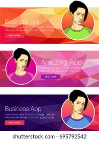 Vector concept for app template - smartphone, social media, mobile phone. Banner or header of vector mobile tablet app. Ads banner presentation with face of woman. Cartoon character for banner