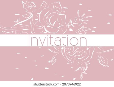 Vector concept of art background invitation with white roses on the pink. Vector illustration. Art card, poster, banner, typographic poster,   wedding invitation.
