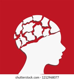 Vector concept art illustration depicting mental issues like stress, depression and emotional abuse. Vector illustration of a face with a broken head. Red background.
