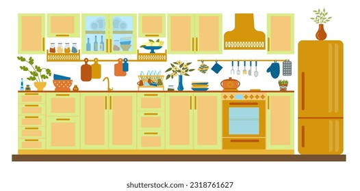 Vector concept art of the kitchen interior with Art Deco furniture. illustrations of a cozy interior with modern furniture, hand-drawn in a flat style.