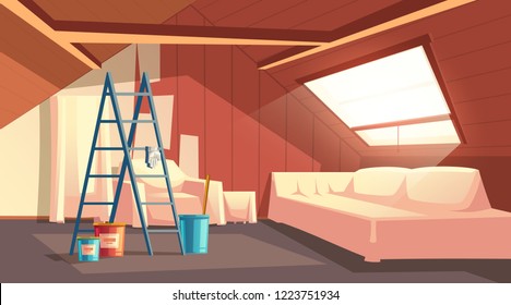 Vector concept of attic repair. Renovation of wooden room under a roof. Furniture under a protective covering, stepladder with paint barrels.Equipment for wallpapering. Revival of loft, vintage garret