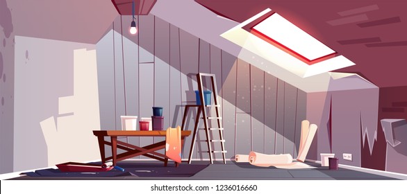 Vector Concept Of Attic Repair. Renovation Of Wooden Room Under A Roof. Tray With Paint, Cylinder Roller And Stepladder. Equipment For Wallpapering. The Revival Of Loft, A Vintage Garret With Window.