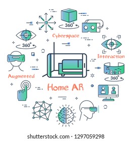 Vector concept of augmented reality for home design. Linear icon of smartphone with VR app for home furniture design. Innovations technology of virtual reality equipment and other entertainment icons