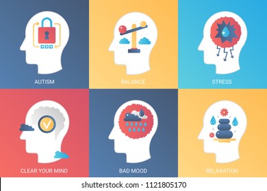 Concepto vectorial autismo, equilibrio, estrés, mente clara, relajación de mal humor. Estilo plano degradado moderno.