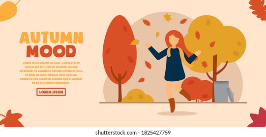 Vector concept of autumn mood. A girl in a beautiful autumn park rejoices in nature and throws colorful leaves over her. Autumn entertainment. Can be used for website and web banner.