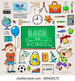 vector concept of "back to school" card with lettering, jolly and sad schoolboys and school supplies. colored cartoon style