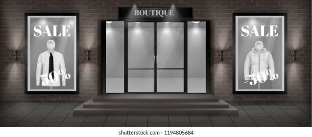 Vector Concept Background, Boutique Shop Facade With Signboard. Storefront With Brick Wall, Entrance With Steps, Large Glass Door And Empty Illuminated Showcases With Discount Clothing Collection