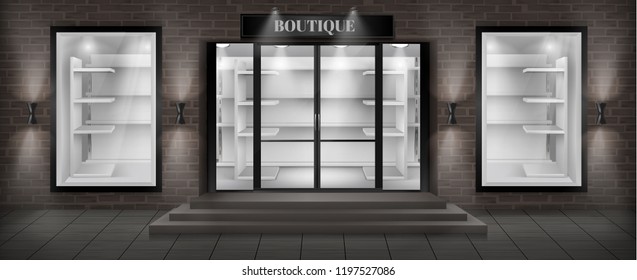 Vector concept background, boutique shop facade with signboard. Storefront with brick wall, entrance with large glass door and empty illuminated showcases with white shelves, realistic illustration