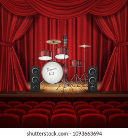 Vector Concept Background With Drum Kit, Loud Speakers And Microphone On Empty Stage With Curtains. Music Hall For Performances With Rows Of Red Velvet Chairs. Banner For Concert Announcements