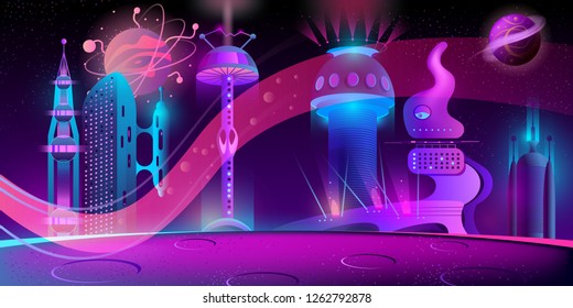 Vector concept background with futuristic city, alien civilization or colony in space. Fantasy cityscape in neon colors, panorama with fancy buildings, purple night sky with planets and stars