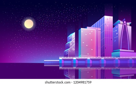 Vector concept background with night city illuminated with neon glowing lights. Futuristic cityscape in blue and violet colors, panorama with modern buildings, skyscrapers on waterfront, urban skyline
