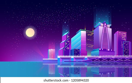 Vector concept background with night city illuminated with neon glowing lights. Futuristic cityscape in blue and violet colors, panorama with modern buildings, skyscrapers on waterfront, urban skyline