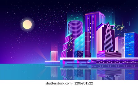 Vector concept background with night city illuminated with neon glowing lights. Futuristic cityscape in blue and violet colors, panorama with modern buildings, skyscrapers on waterfront, urban skyline