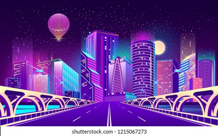 Fondo de concepto vectorial con ciudad nocturna iluminada con luces neón brillantes. Paisaje urbano futurista en colores azul y violeta, panorama con edificios modernos y rascacielos, puente con autopista