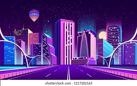 Vector concept background with night city illuminated with neon glowing lights. Futuristic cityscape in blue and violet colors, panorama with modern buildings and skyscrapers, bridge with highway