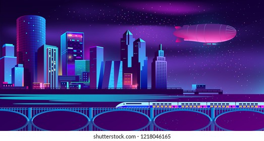 Vector concept background with night city illuminated with neon glowing lights. Futuristic cityscape in blue and violet colors, panorama with modern buildings, skyscrapers on waterfront, urban skyline