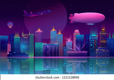 Vector concept background with night city illuminated with neon glowing lights. Futuristic cityscape in blue and violet colors, panorama with modern buildings, skyscrapers on waterfront, urban skyline