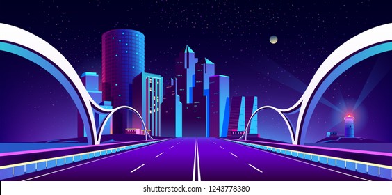 Vector concept background with night city illuminated with neon glowing lights. Futuristic cityscape in blue and violet colors, panorama with modern buildings and skyscrapers, bridge with highway