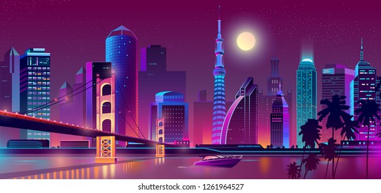 Vector concept background with night city illuminated with neon glowing lights. Cityscape in violet colors, panorama with modern buildings and skyscrapers, urban skyline with bridge, yacht on river Vector concept background with night city illuminated with neon glowing lights. Cityscape in violet colors, panorama with modern buildings and skyscrapers, urban skyline with bridge, yacht on river