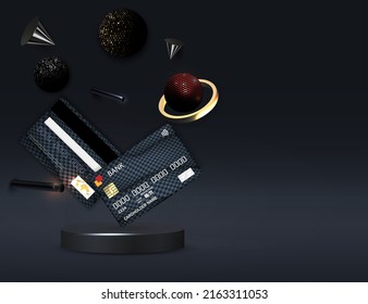 Vector concept of a bank card with smooth realistic geometric elements on a dark background. Banking Web Design