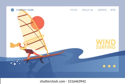 Vector concept banner with blond woman riding windsurfing board. Blue sea or ocean waves, young active character sailing on landing page concept template