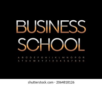 Banner de concepto de vectores en la Escuela de Negocios. Fuente de metal dorado. Conjunto de letras y números de alfabeto moderno