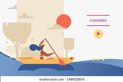 Vector concept banner for canoeing or kayaking with woman in hat sailing with single-bladed paddle and canoe outdoors