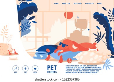 Vector concept banner for dog hotel accomodation. Pet friendly interior room with happy puppy on pillows. Horizontal scene good for landing page or web header.
