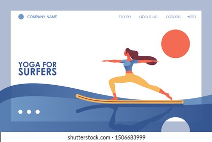 Vector concept banner with flat woman doing yoga asana on surfing board. Blue wave, orange sun on white background. Landing page good for healthy lifestyle, surf school and individual training studio