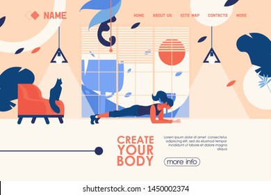 Vector concept banner for home training or garage gym in flat style with woman doing plank exercise. Bright landing page template in blue and orange colors. Large window, cat on chair