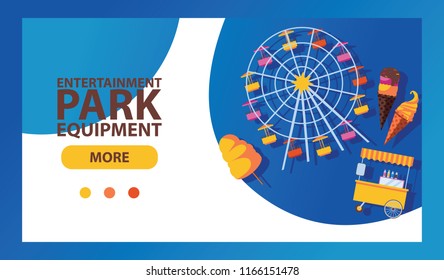 Vector concept banner for landing page of amusement park. Vivid gradient design with wheel and ice cream