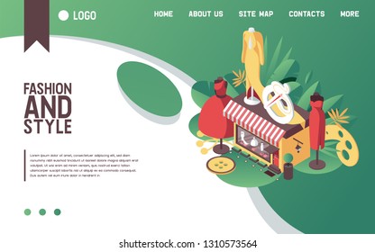 Vector concept banner or landing page template for private atelier boutique or seamstress workshop in isometric style with mannequiens and vivid gradients. Fashion illustration with woman dresses