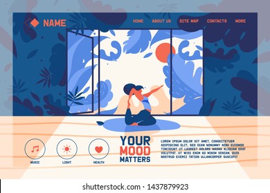 Vector concept banner or landing page template for web pages of yoga classes or yogi studio. Flar character, greenery and open window with sunset