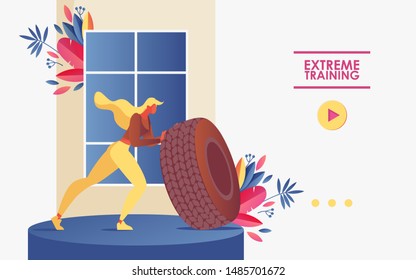 Vector concept banner or landing page template good for extreme training program with tire. Young woman lifting weight, drawn with bright gradients and vivid colors